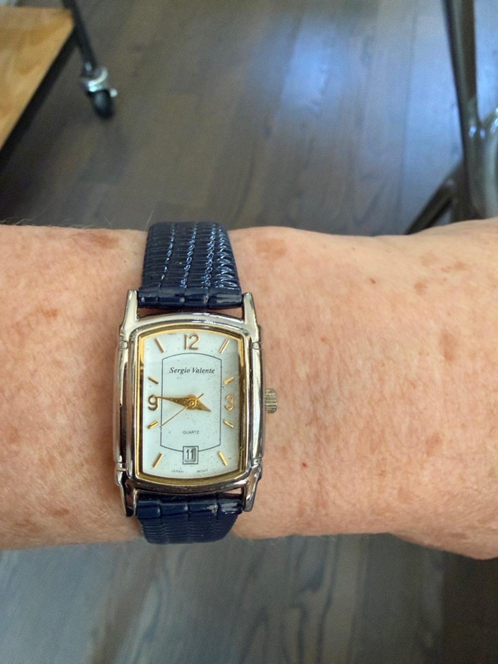 Vintage Sergio Valente Watch, Time & Date. New Battery & Blue Leather Band